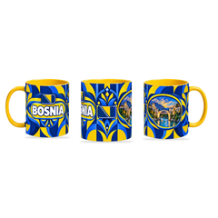 Bosnia Mug Yellow – 320ml with yellow handle, shown in three matching angles of the glossy full-wrap design by Fann Bliss.