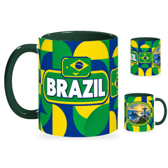 Brazil Mug – 320ml with dark green handle, showing the country-name side plus companion centered-flag and landmark views of the glossy full-wrap design by Fann Bliss.