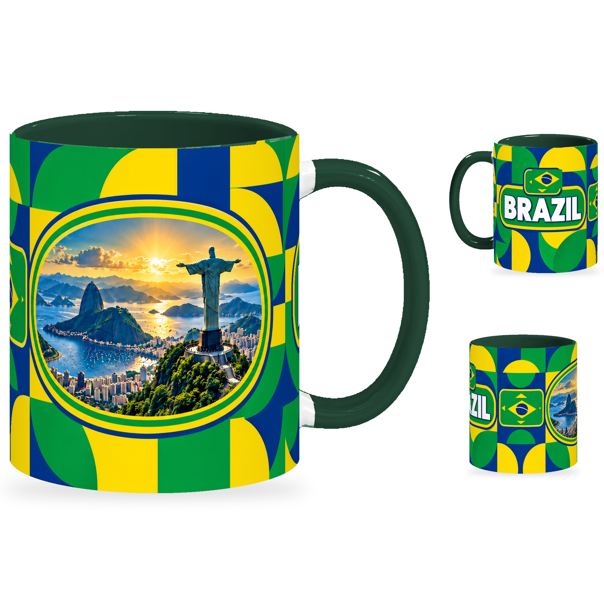 Brazil Mug – 320ml with dark green handle, showing the landmark side plus companion country-name and centered-flag views of the glossy full-wrap design by Fann Bliss.