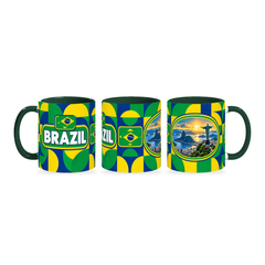Brazil Mug – 320ml with dark green handle, shown in three matching angles of the glossy full-wrap design by Fann Bliss.