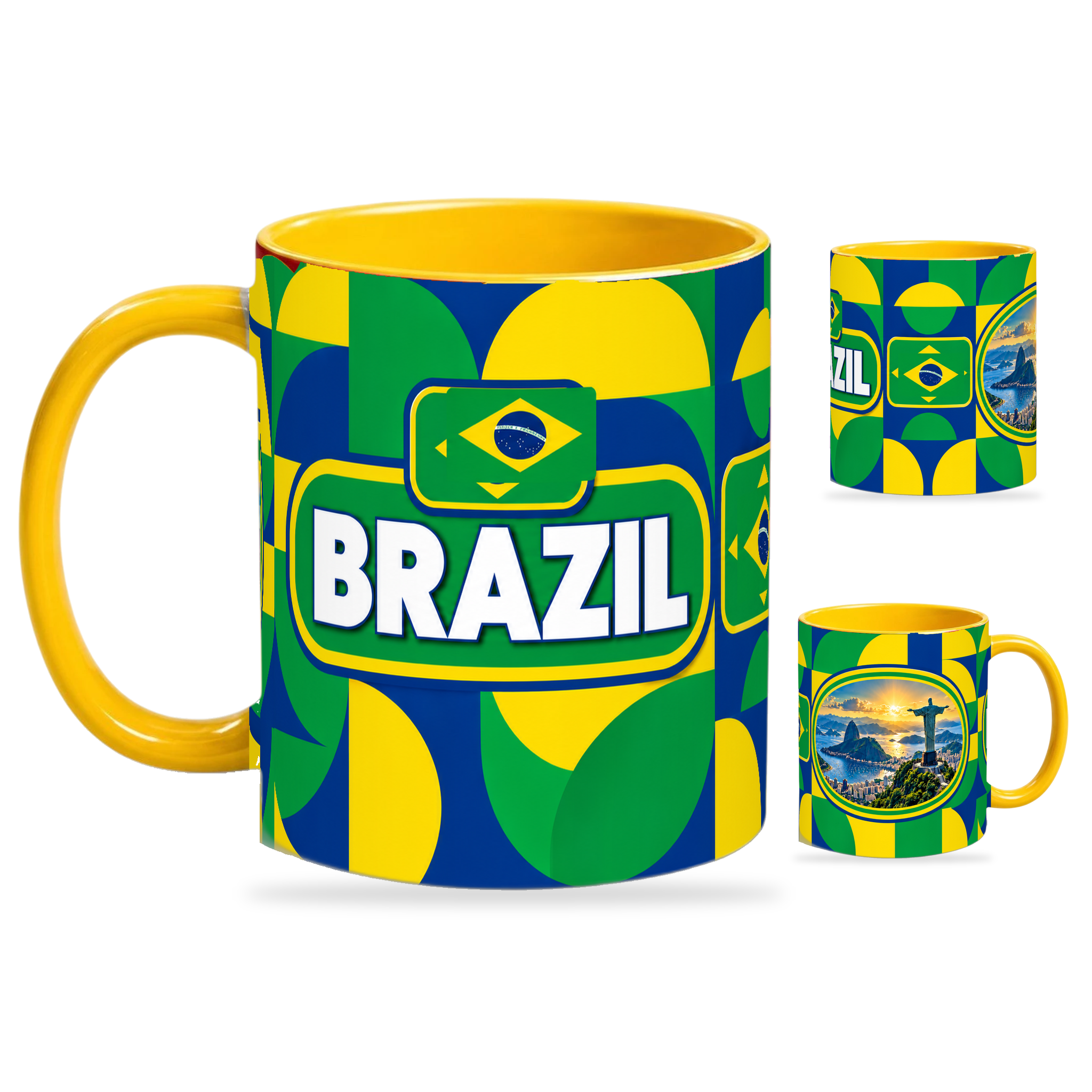 Brazil Mug Yellow – 320ml with yellow handle, showing the country-name side plus companion centered-flag and landmark views of the glossy full-wrap design by Fann Bliss.
