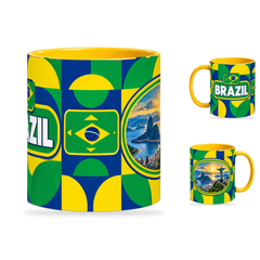 Brazil Mug Yellow – 320ml with yellow handle, showing the centered flag view plus companion country-name and landmark views of the glossy full-wrap design by Fann Bliss.
