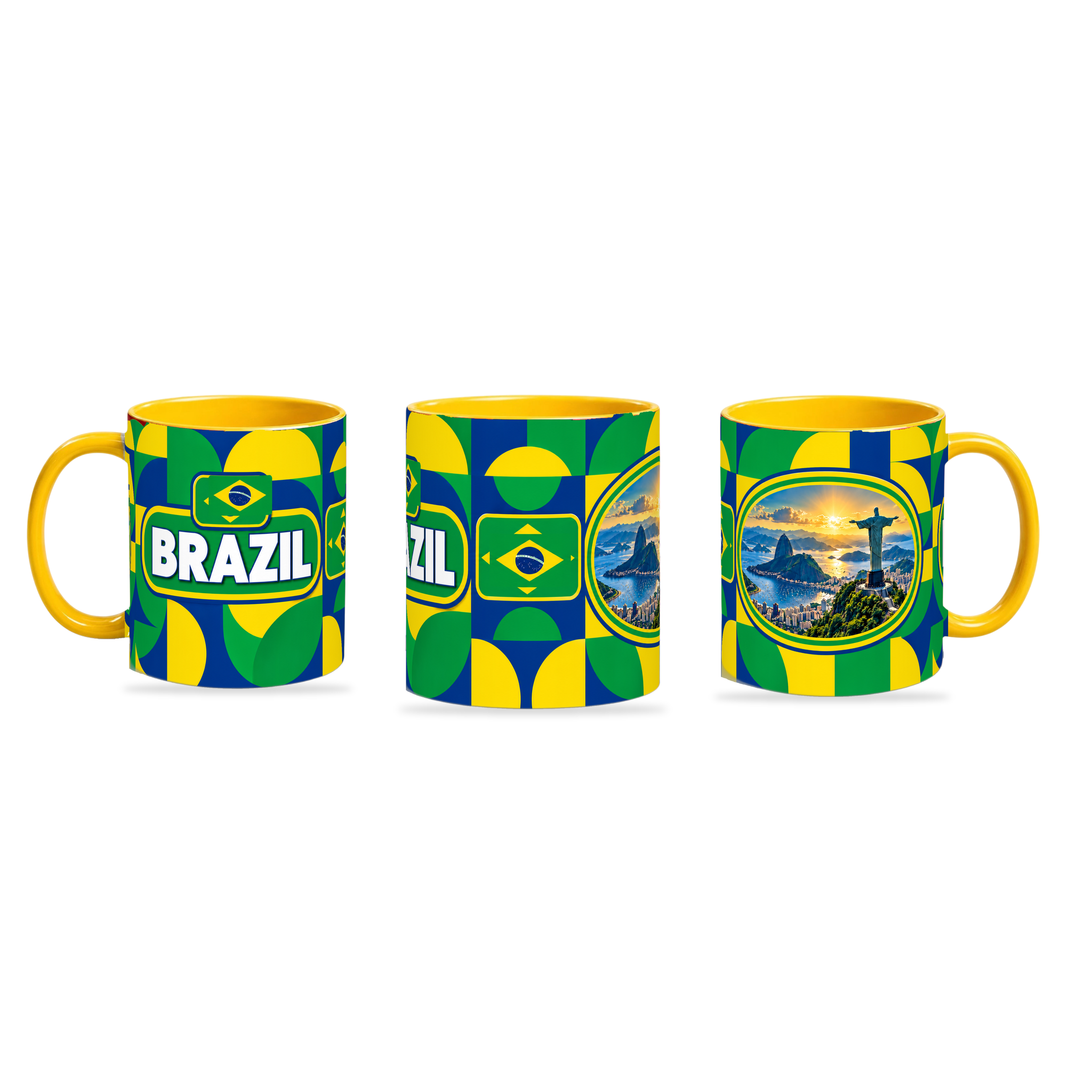 Brazil Mug Yellow – 320ml with yellow handle, shown in three matching angles of the glossy full-wrap design by Fann Bliss.
