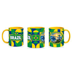 Brazil Mug Yellow – 320ml with yellow handle, shown in three matching angles of the glossy full-wrap design by Fann Bliss.