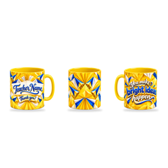 Bright Ideas Mug – 320ml, Yellow ceramic mug, three-angle overview of the Teacher’s Day artwork