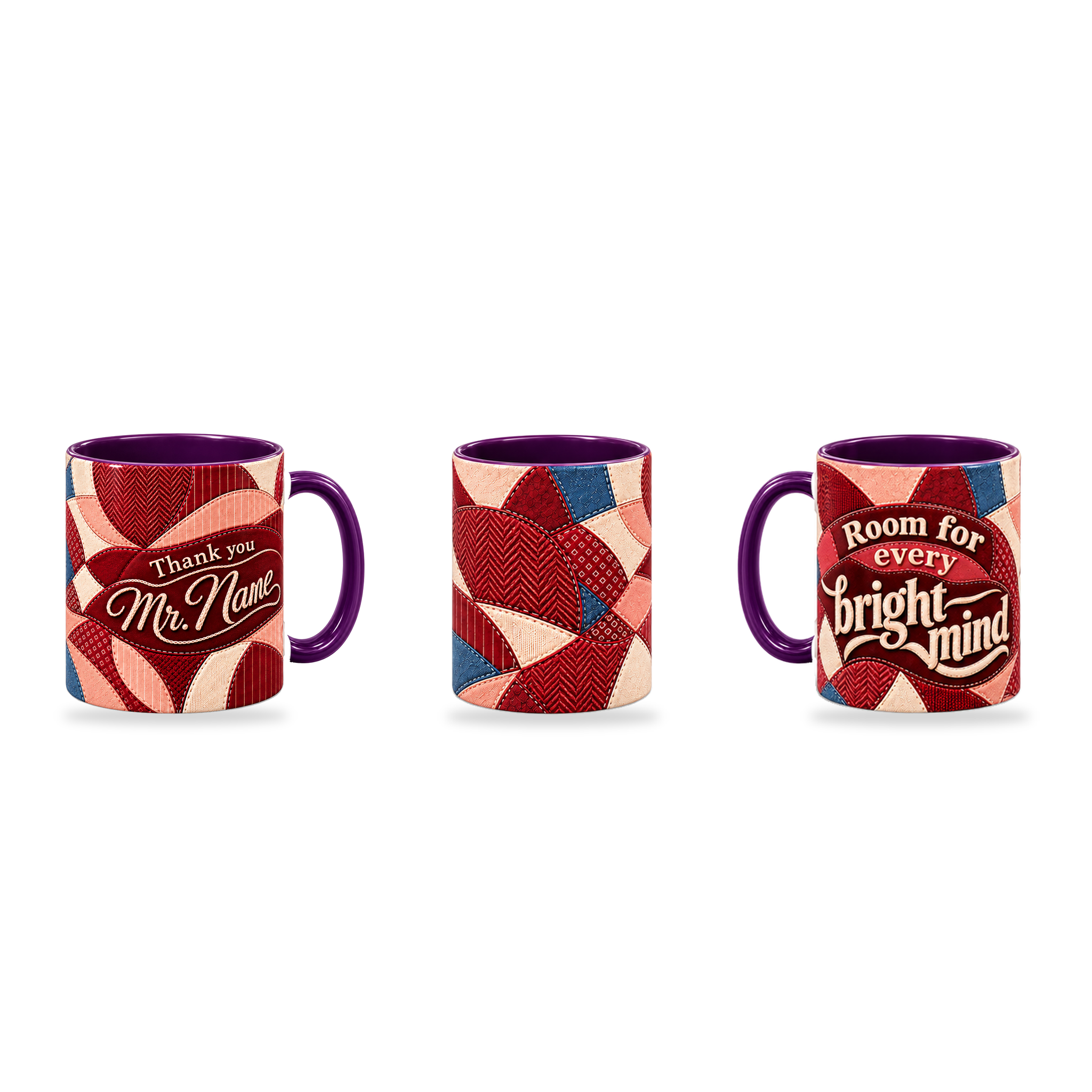 Bright Minds Mug – 320ml, Purple ceramic mug, three-angle overview of the Teacher’s Day artwork