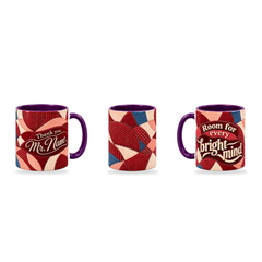 Bright Minds Mug – 320ml, Purple ceramic mug, three-angle overview of the Teacher’s Day artwork