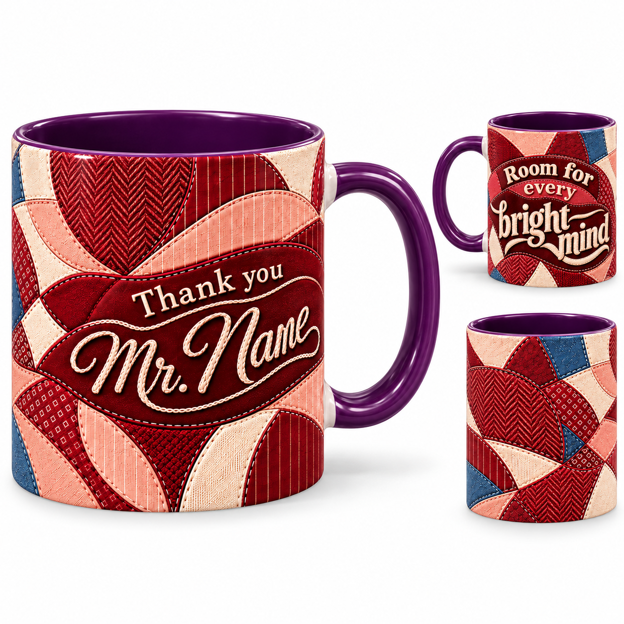 Bright Minds Mug – 320ml, purple ceramic mug, views of the full-wrap Teacher’s Day design