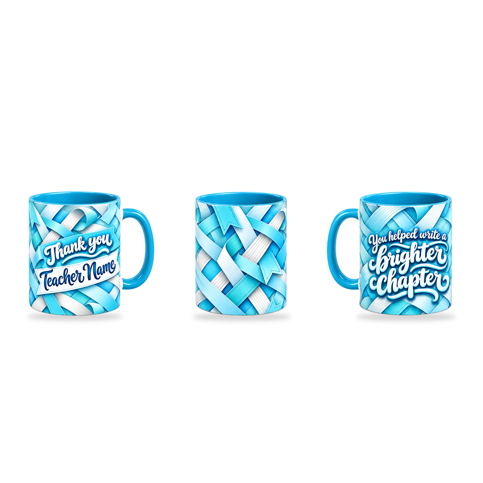 Brighter Chapter Mug – 320ml, Light Blue ceramic mug, three-angle overview of the Teacher’s Day artwork