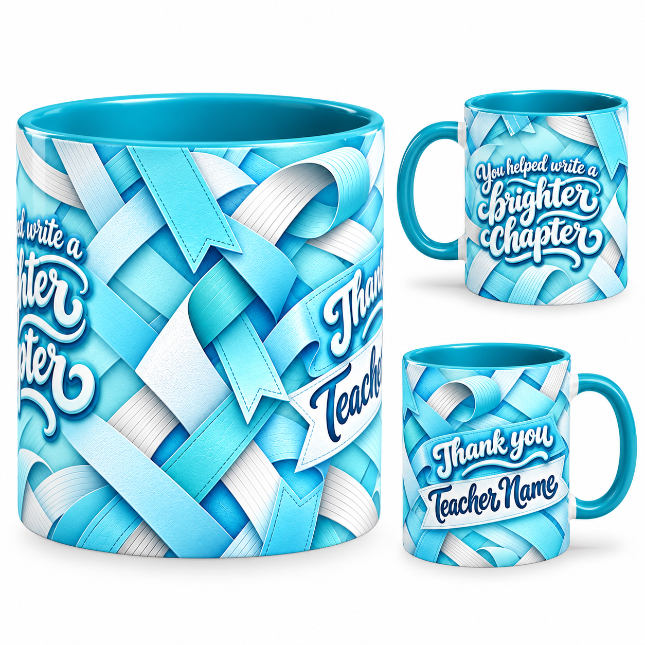 Brighter Chapter Mug – 320ml, teal ceramic mug, views of the full-wrap Teacher’s Day design