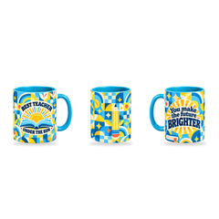 Brighter Future Mug – 320ml, Light Blue ceramic mug, three-angle overview of the Teacher’s Day artwork