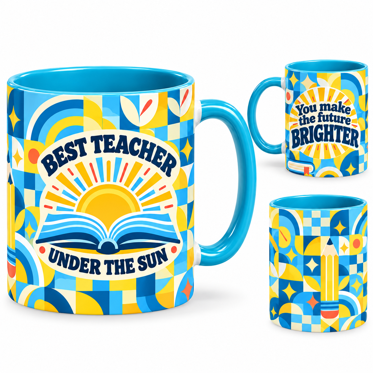 Brighter Future Mug – 320ml, light blue ceramic mug, views of the full-wrap Teacher’s Day design