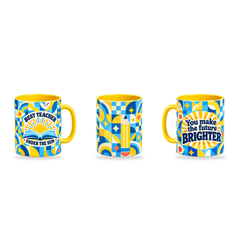 Brighter Future Mug – 320ml, Yellow ceramic mug, three-angle overview of the Teacher’s Day artwork