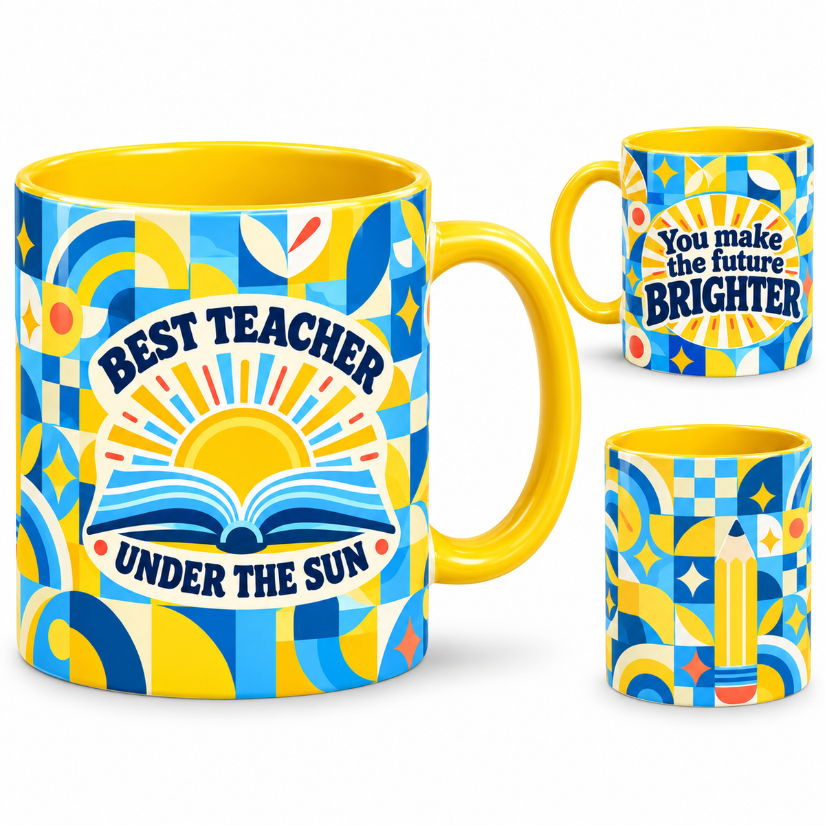 Brighter Future Mug – 320ml, yellow ceramic mug, views of the full-wrap Teacher’s Day design