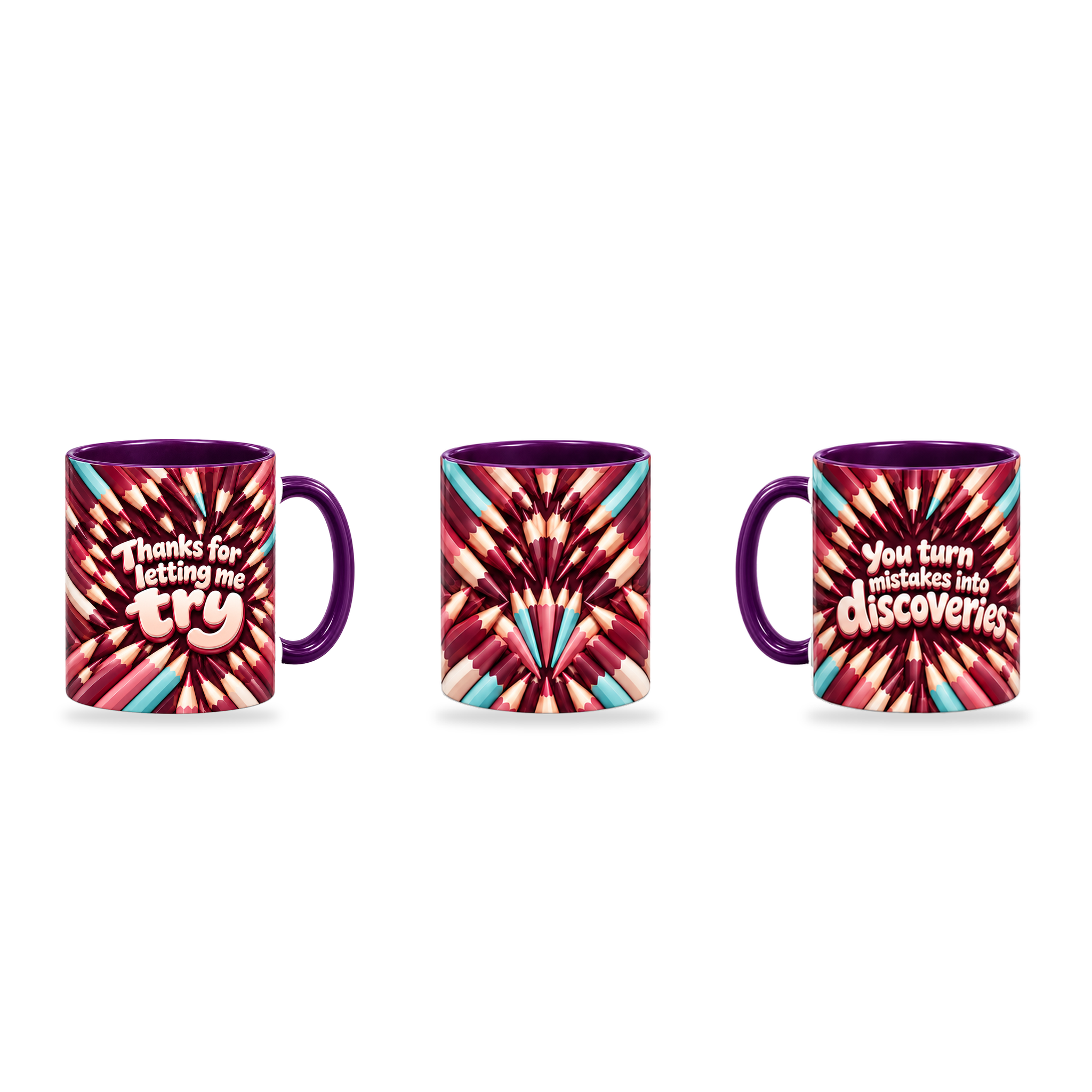 Brilliant Discoveries Mug – 320ml, Purple ceramic mug, three-angle overview of the Teacher’s Day artwork
