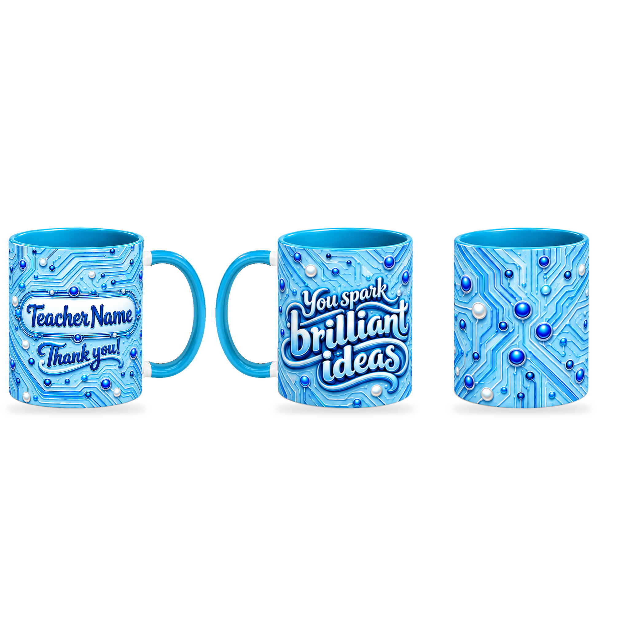 Brilliant Ideas Mug – 320ml — right, left and front views together on a transparent background