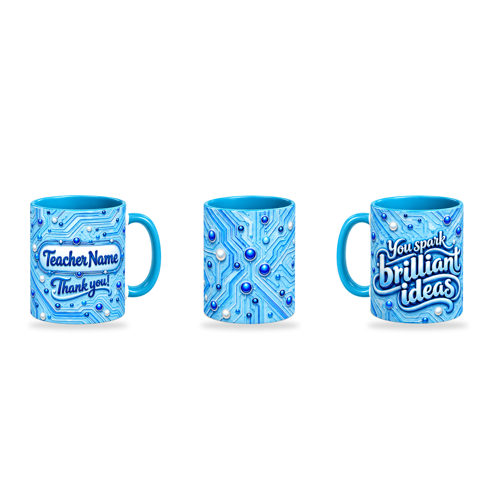 Brilliant Ideas Mug – 320ml, Light Blue ceramic mug, three-angle overview of the Teacher’s Day artwork