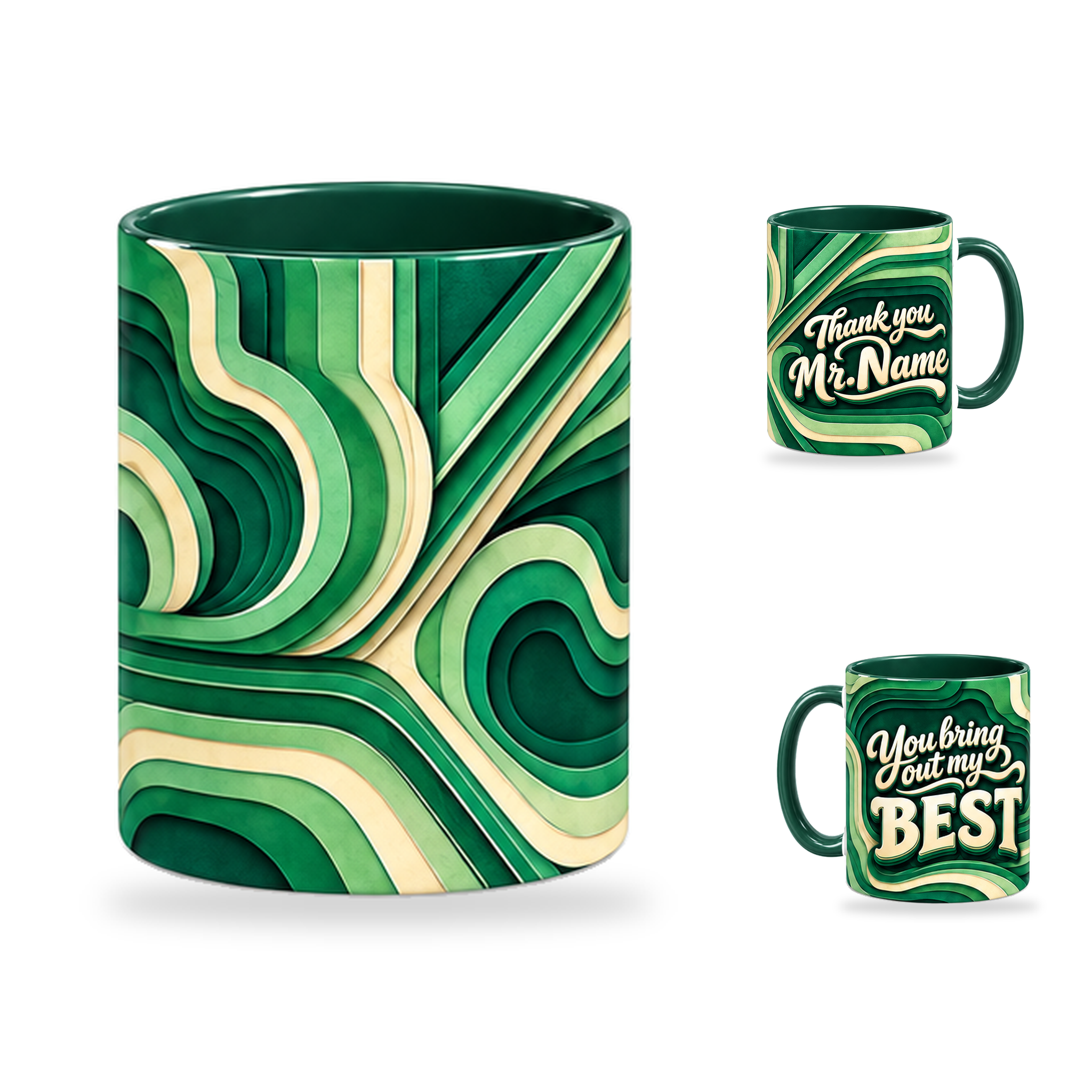 Bring Out Best Mug – 320ml, Dark Green ceramic mug, centre-pattern of the Teacher’s Day artwork