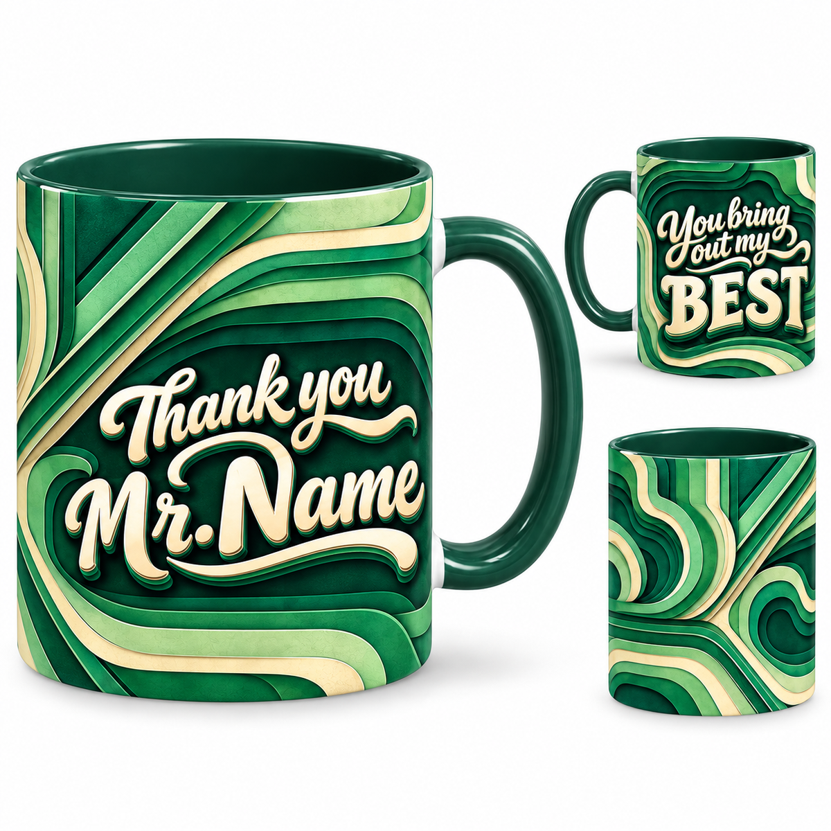 Bring Out Best Mug – 320ml, dark green ceramic mug, views of the full-wrap Teacher’s Day design