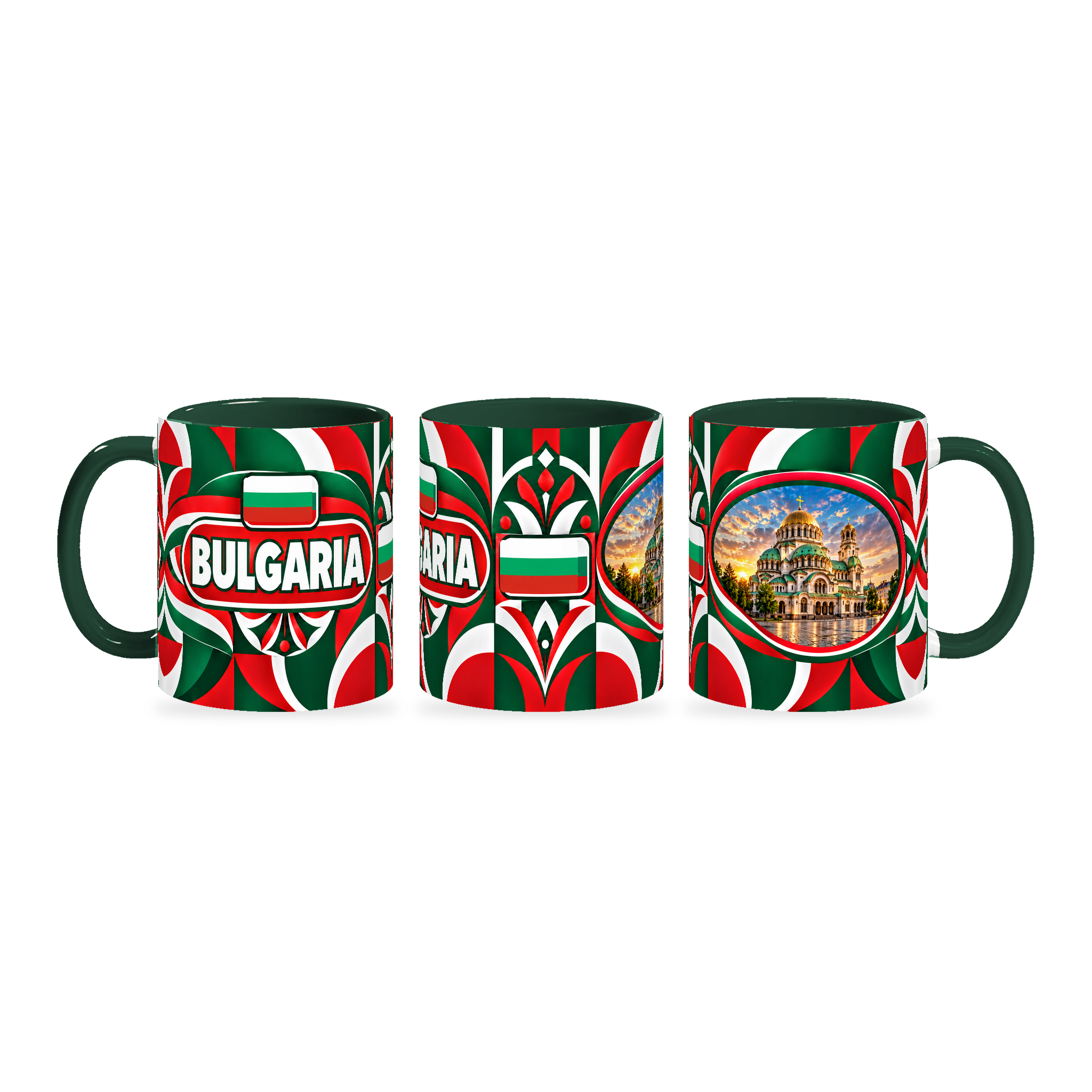 Bulgaria Mug – 320ml with dark green handle, shown in three matching angles of the glossy full-wrap design by Fann Bliss.