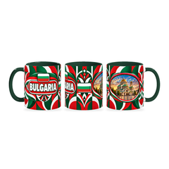 Bulgaria Mug – 320ml with dark green handle, shown in three matching angles of the glossy full-wrap design by Fann Bliss.