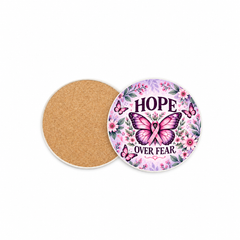 Butterfly Hope Pinktober 10cm round ceramic coaster, printed front and cork back