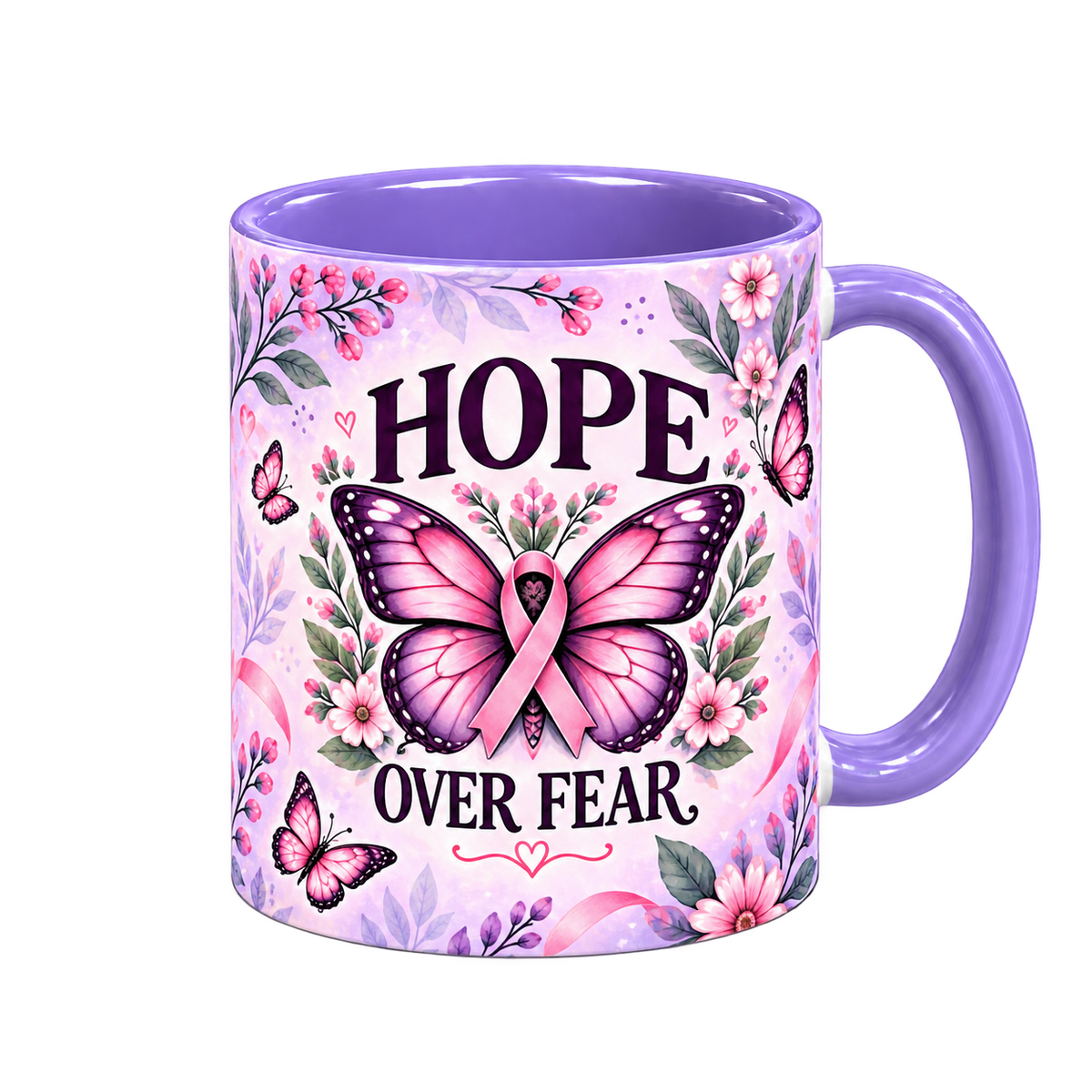 Butterfly Hope Pinktober Mug – Light Purple, 320ml, right handle view