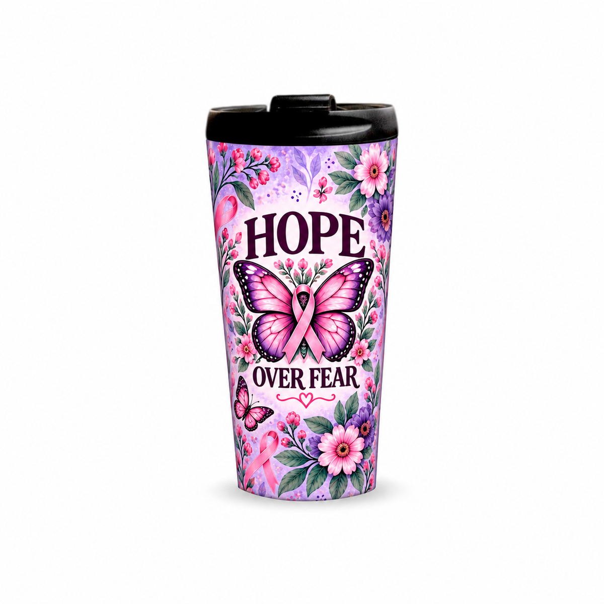 Butterfly Hope Pinktober Tumbler – 480ml, front view with lid on