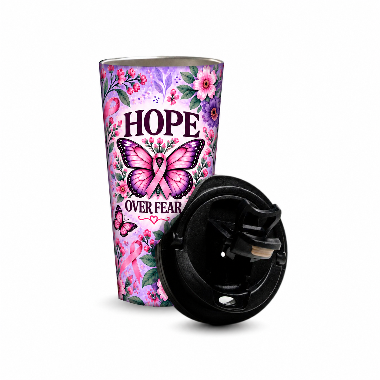 Butterfly Hope Pinktober Tumbler – 480ml, removable lid beside the tumbler