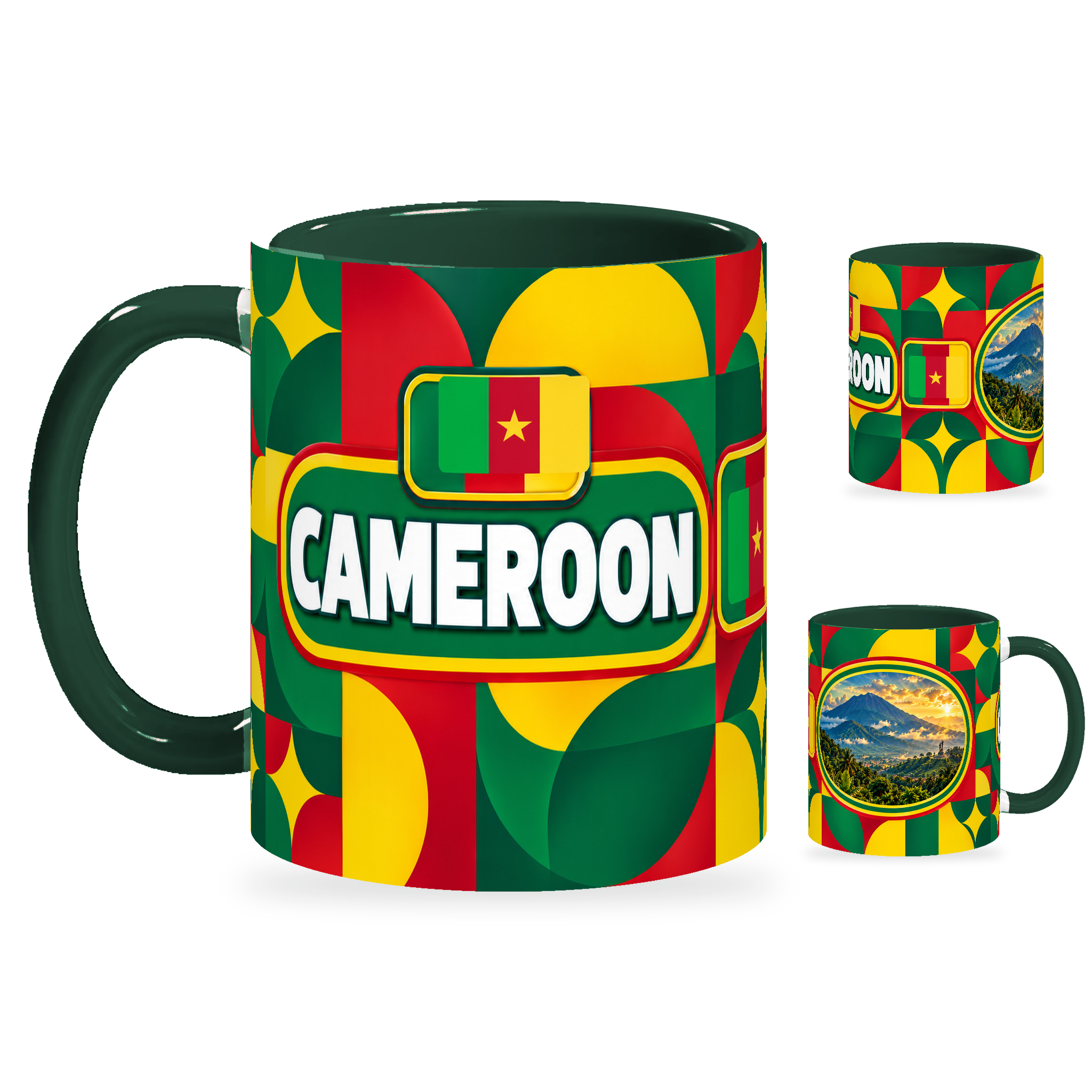 Cameroon Mug – 320ml with dark green handle, showing the country-name side plus companion centered-flag and landmark views of the glossy full-wrap design by Fann Bliss.