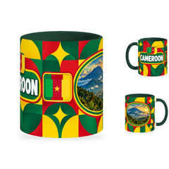 Cameroon Mug – 320ml with dark green handle, showing the centered flag view plus companion country-name and landmark views of the glossy full-wrap design by Fann Bliss.