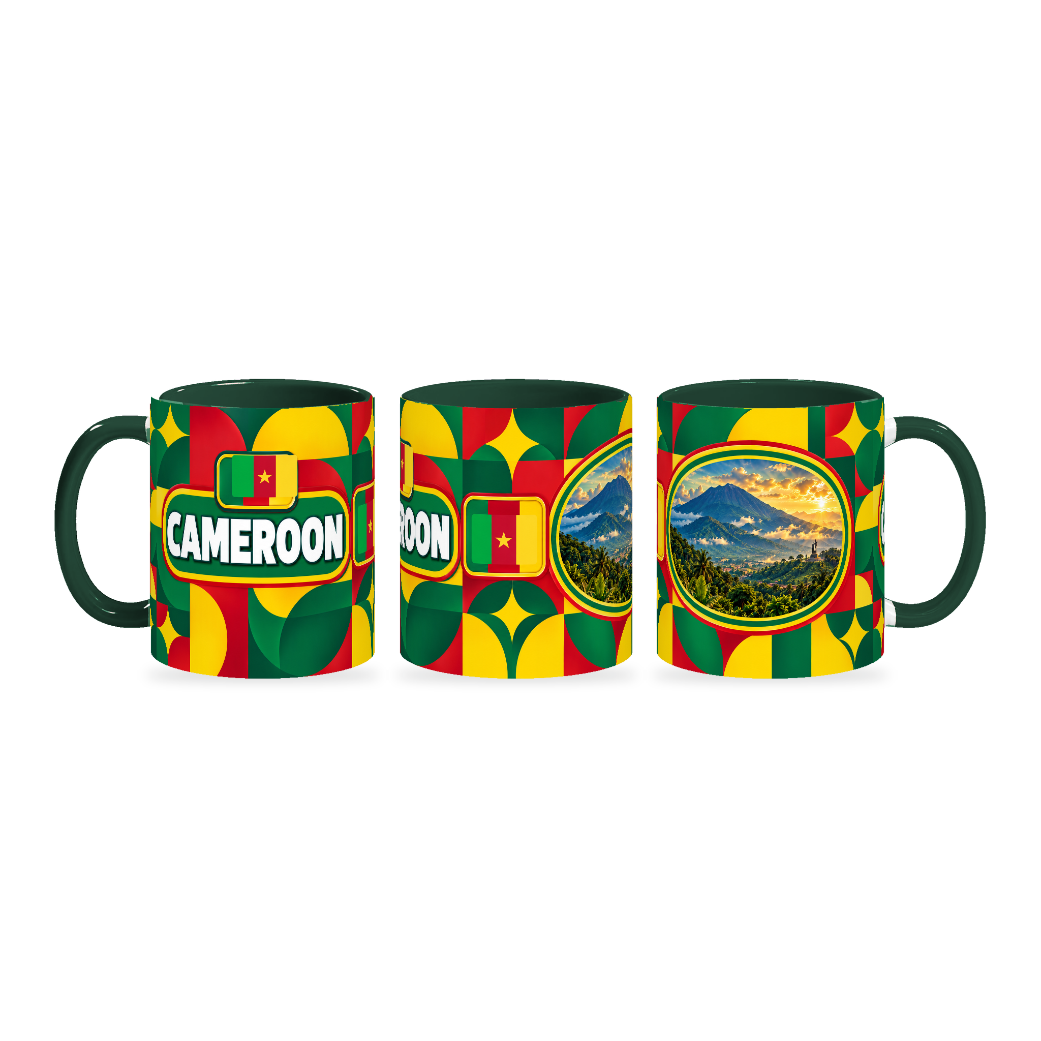 Cameroon Mug – 320ml with dark green handle, shown in three matching angles of the glossy full-wrap design by Fann Bliss.