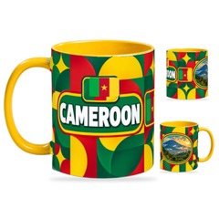 Cameroon Mug Yellow – 320ml with yellow handle, showing the country-name side plus companion centered-flag and landmark views of the glossy full-wrap design by Fann Bliss.