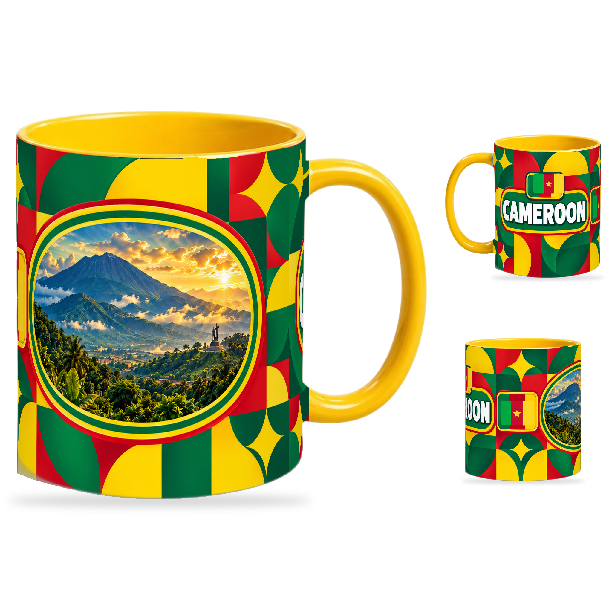 Cameroon Mug Yellow – 320ml with yellow handle, showing the landmark side plus companion country-name and centered-flag views of the glossy full-wrap design by Fann Bliss.