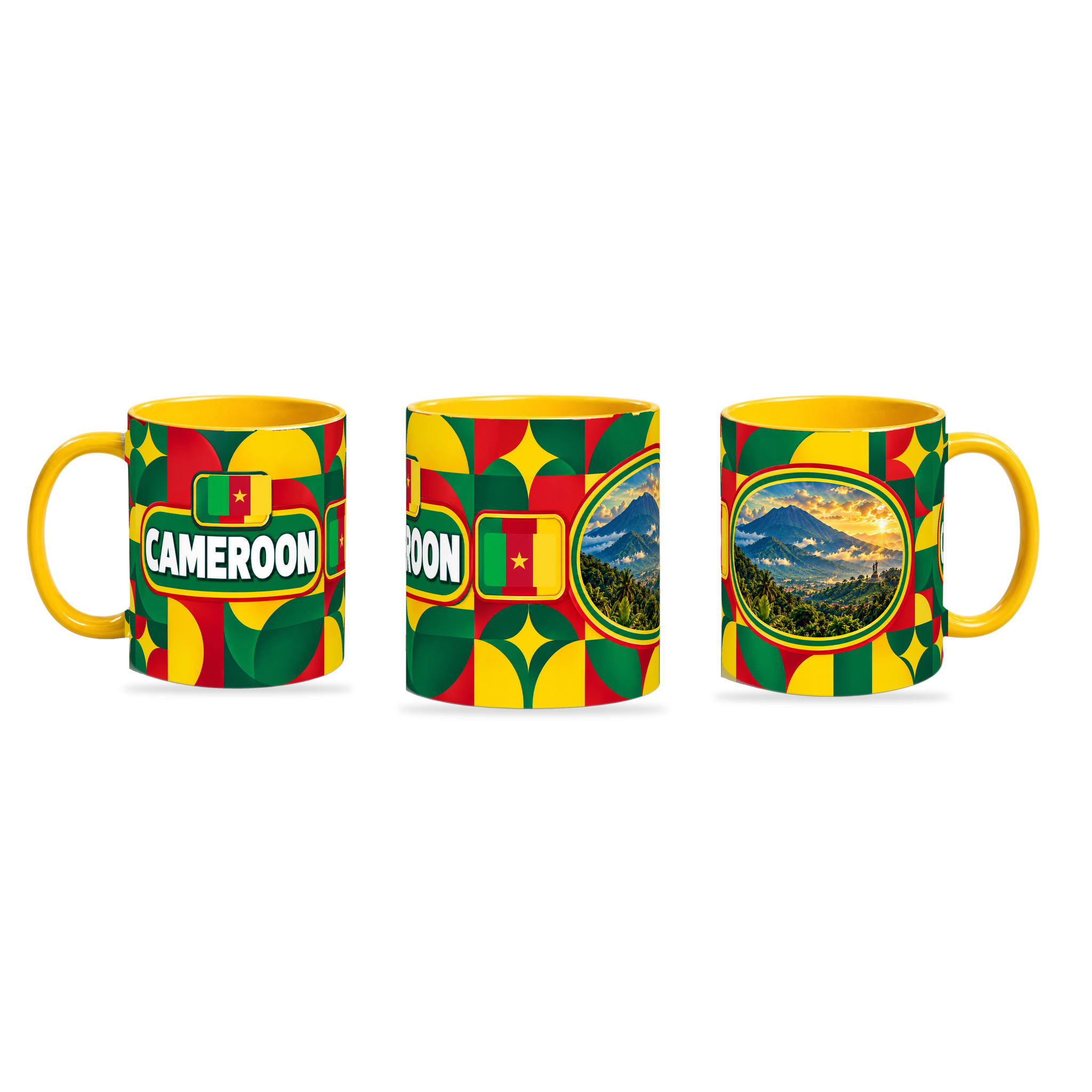 Cameroon Mug Yellow – 320ml with yellow handle, shown in three matching angles of the glossy full-wrap design by Fann Bliss.