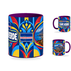 Cape Verde Mug Purple – 320ml with purple handle, showing the centered flag view plus companion country-name and landmark views of the glossy full-wrap design by Fann Bliss.