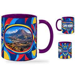 Cape Verde Mug Purple – 320ml with purple handle, showing the landmark side plus companion country-name and centered-flag views of the glossy full-wrap design by Fann Bliss.