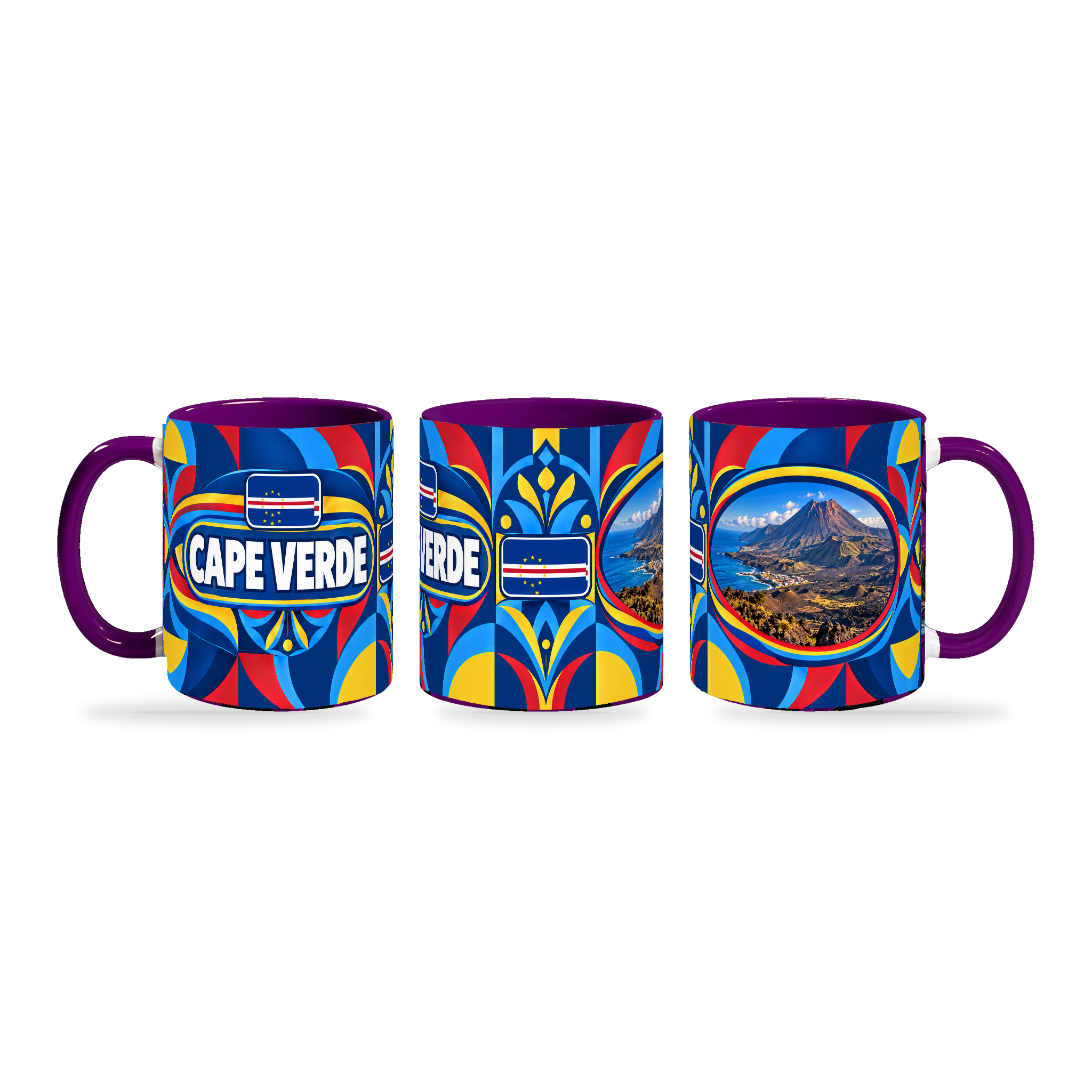 Cape Verde Mug Purple – 320ml with purple handle, shown in three matching angles of the glossy full-wrap design by Fann Bliss.