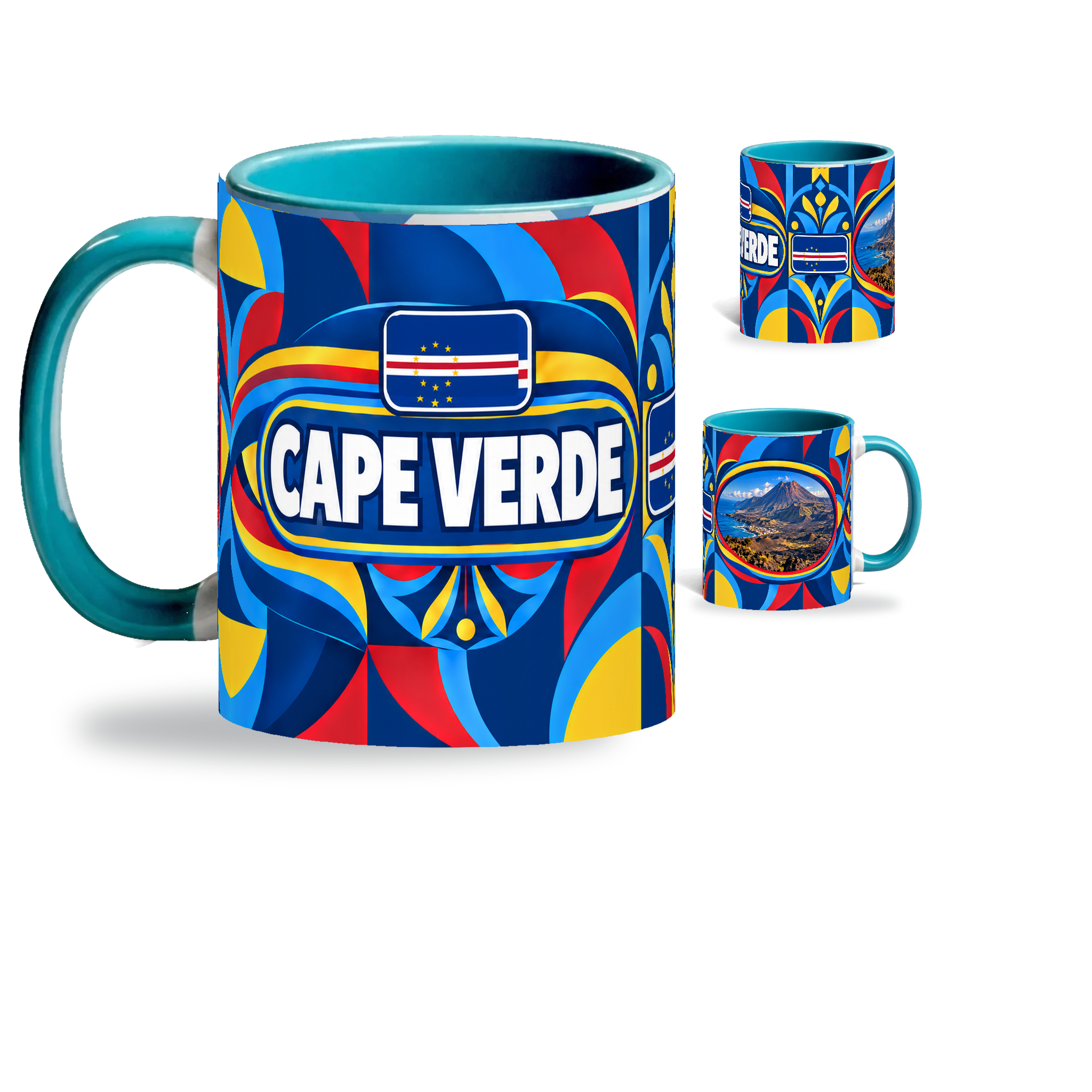 Cape Verde Mug Teal – 320ml with teal handle, showing the country-name side plus companion centered-flag and landmark views of the glossy full-wrap design by Fann Bliss.