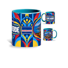 Cape Verde Mug Teal – 320ml with teal handle, showing the centered flag view plus companion country-name and landmark views of the glossy full-wrap design by Fann Bliss.