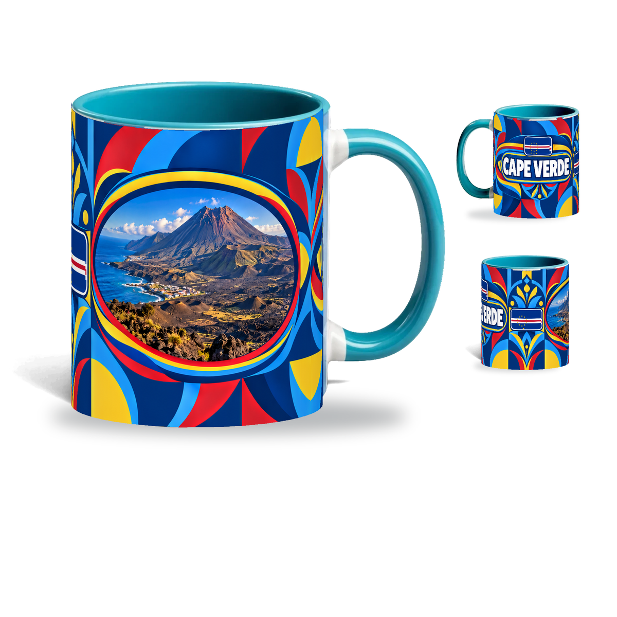Cape Verde Mug Teal – 320ml with teal handle, showing the landmark side plus companion country-name and centered-flag views of the glossy full-wrap design by Fann Bliss.