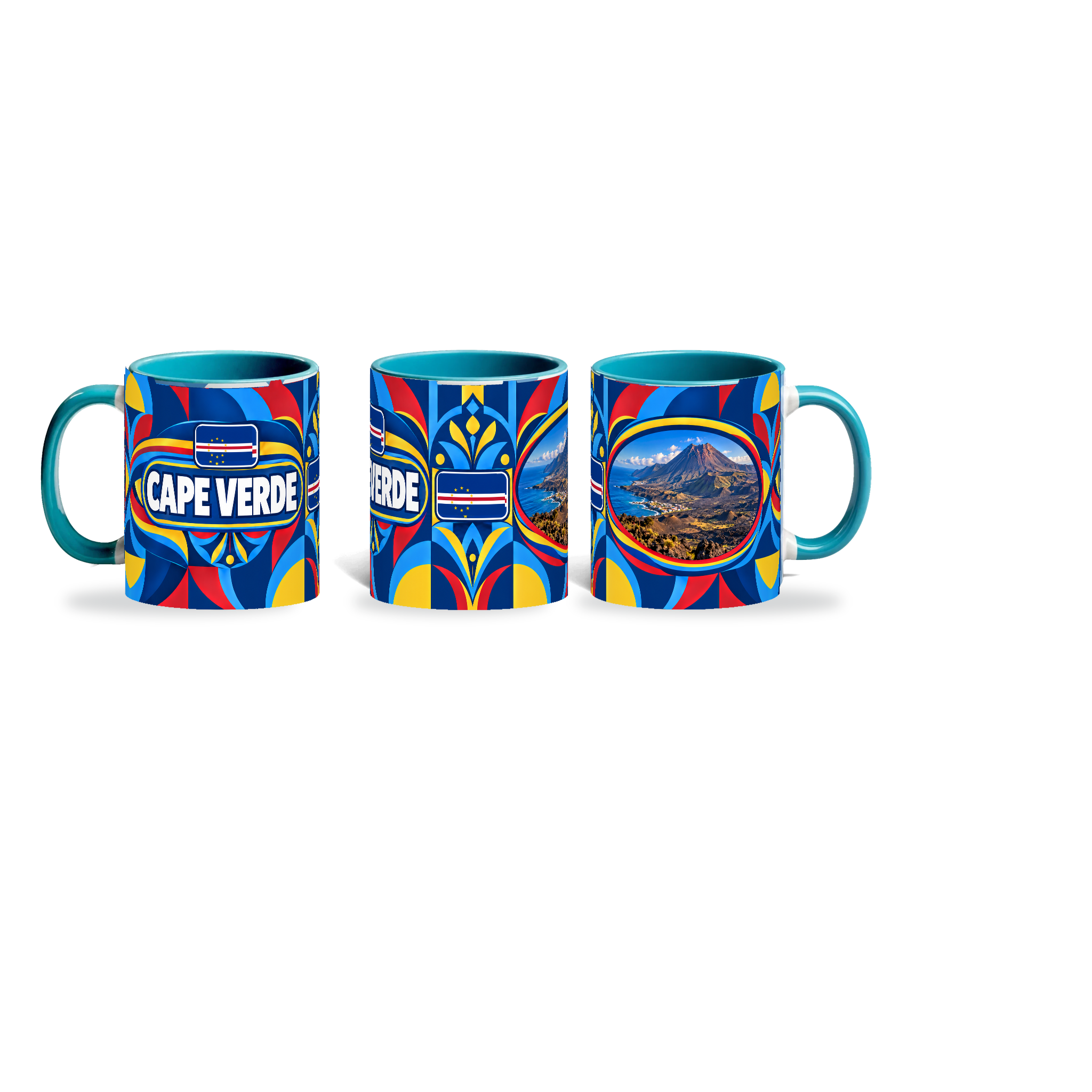 Cape Verde Mug Teal – 320ml with teal handle, shown in three matching angles of the glossy full-wrap design by Fann Bliss.