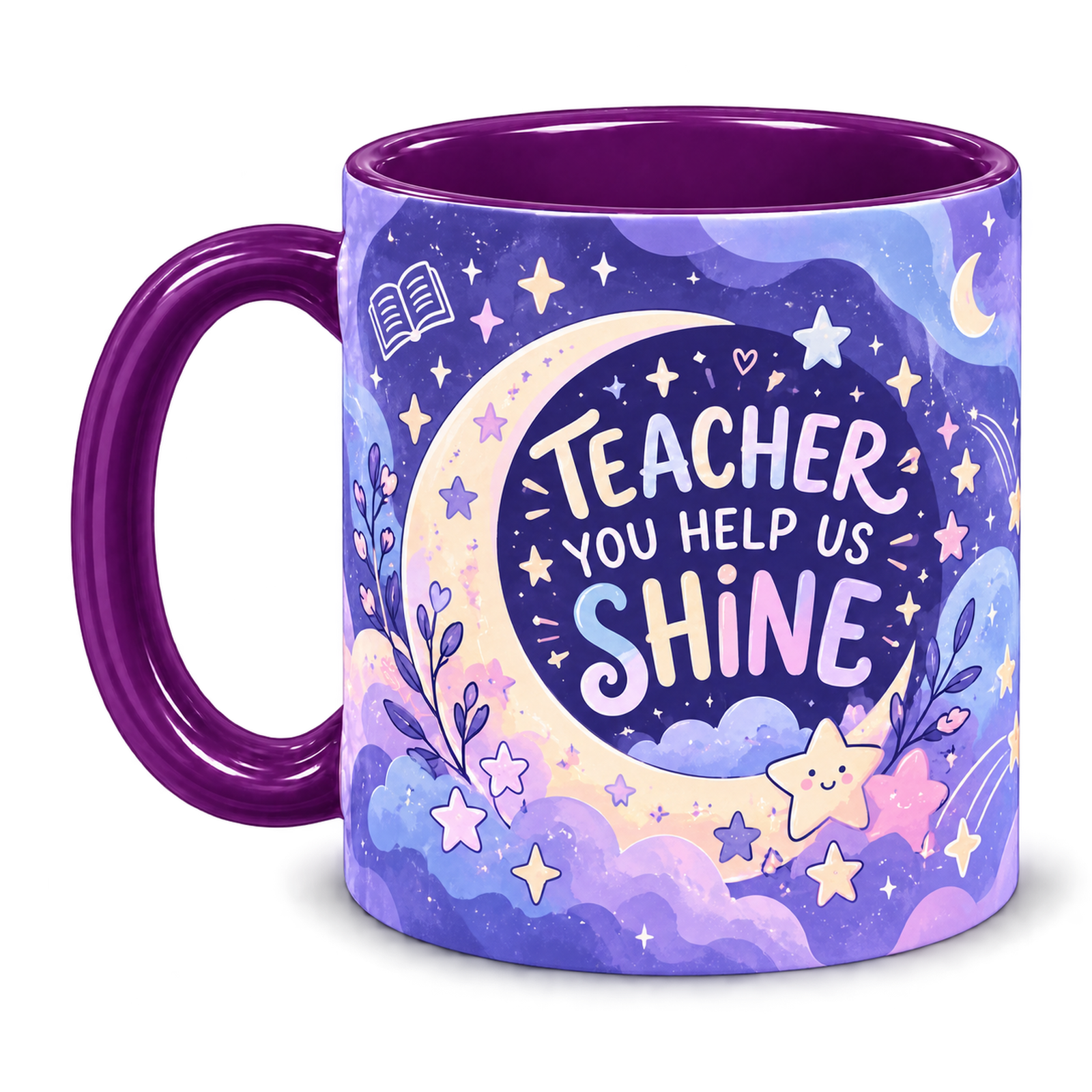 Celestial Classroom Teacher Mug, purple – handle on the left, TEACHER YOU HELP US SHINE