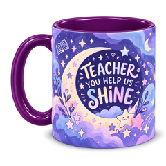 Celestial Classroom Teacher Mug, purple – handle on the left, TEACHER YOU HELP US SHINE