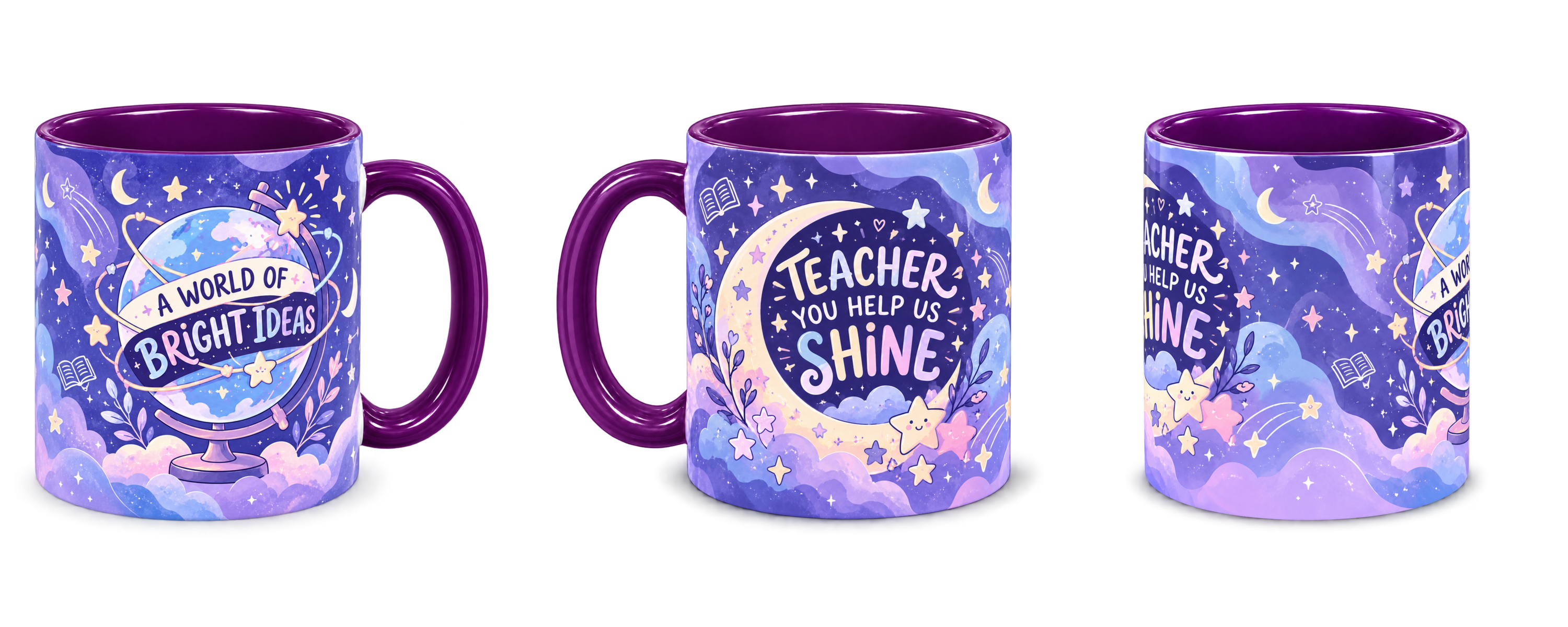 Celestial Classroom Teacher Mug, purple – right, left and centre views side by side