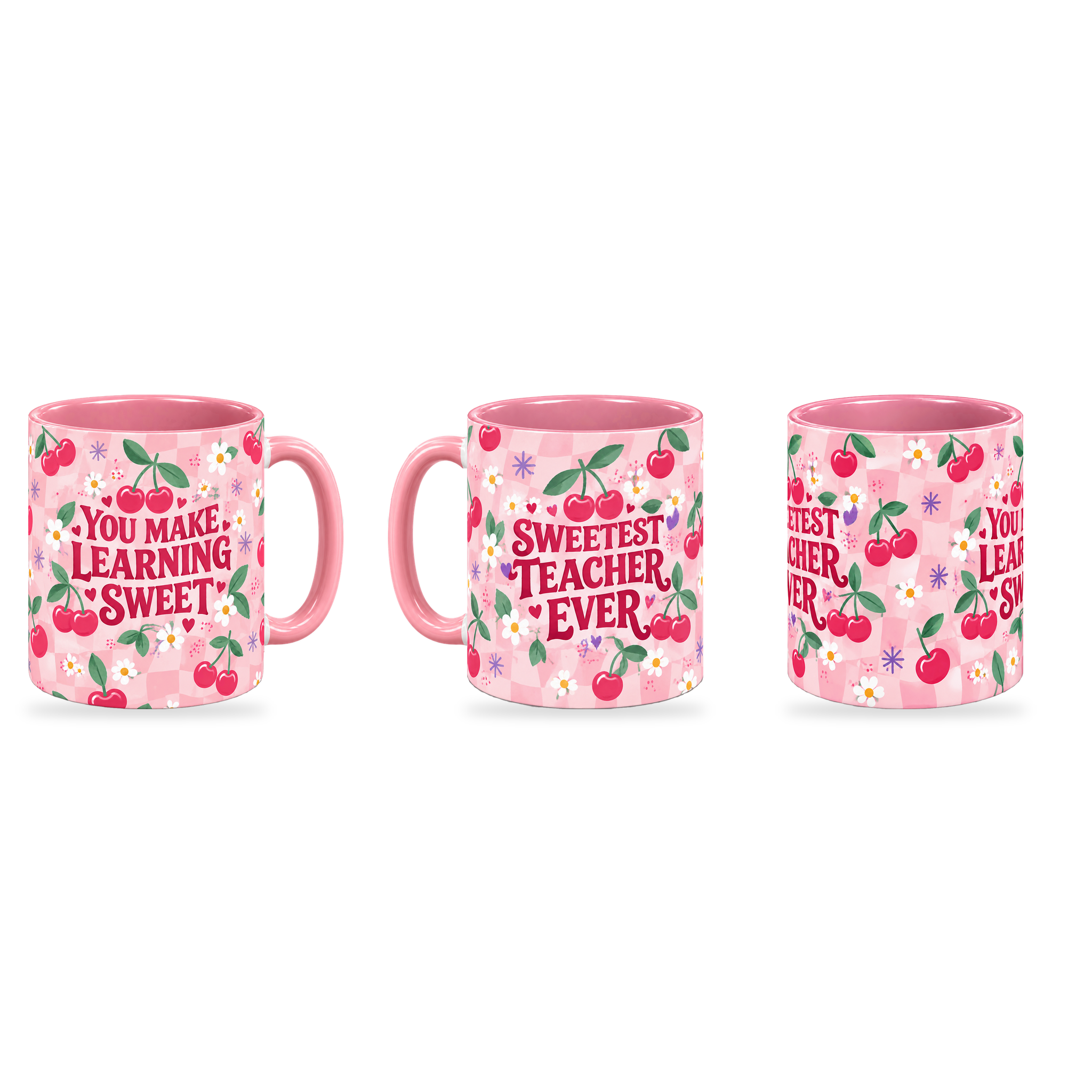 Cherry Sweet Teacher Mug – 320ml — right, left and front views together on a transparent background