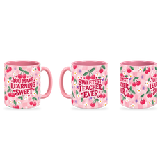 Cherry Sweet Teacher Mug – 320ml — right, left and front views together on a transparent background