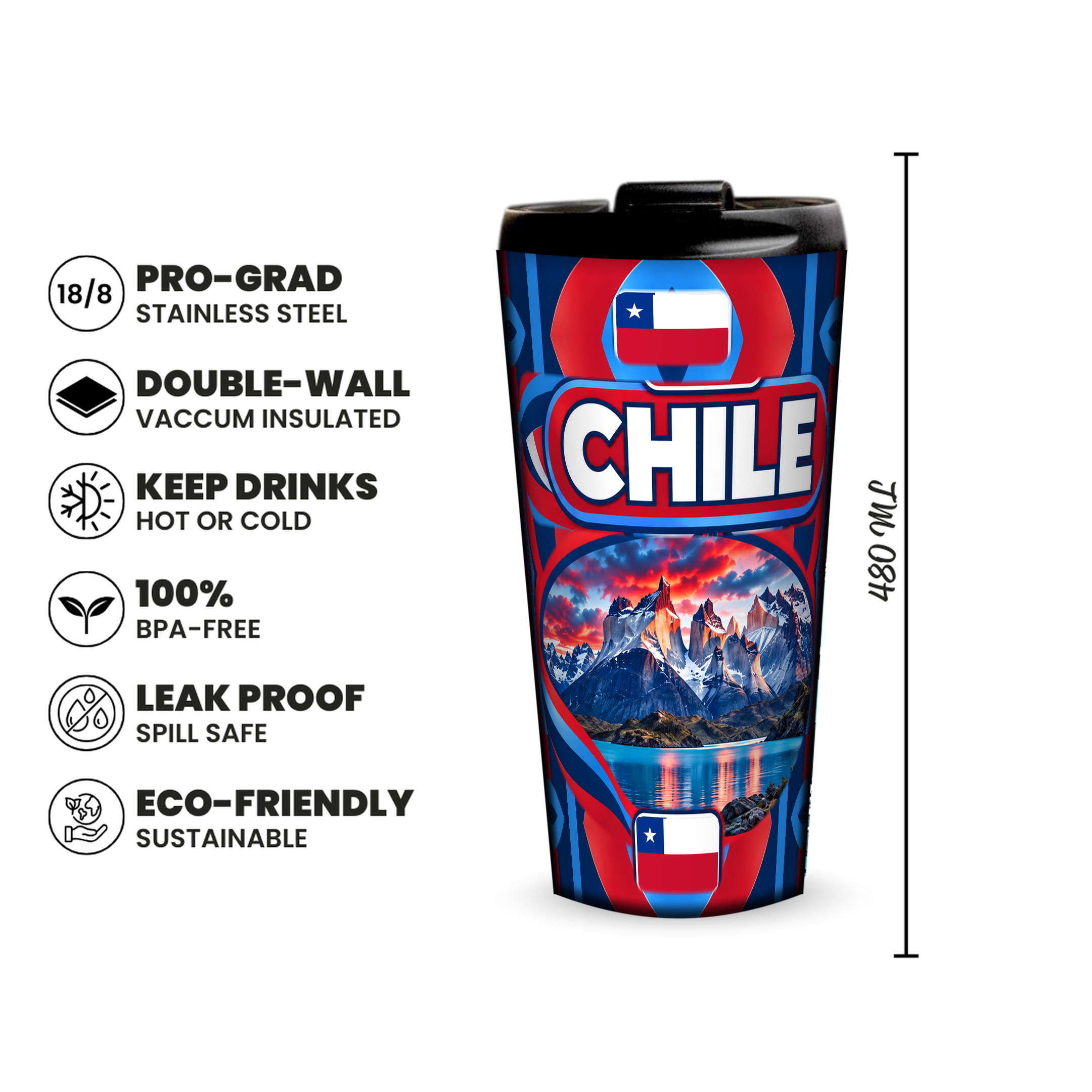 Chile 480ml insulated tumbler features and size