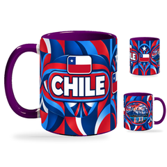 Chile Mug Purple – 320ml with purple handle, showing the country-name side plus companion centered-flag and landmark views of the glossy full-wrap design by Fann Bliss.