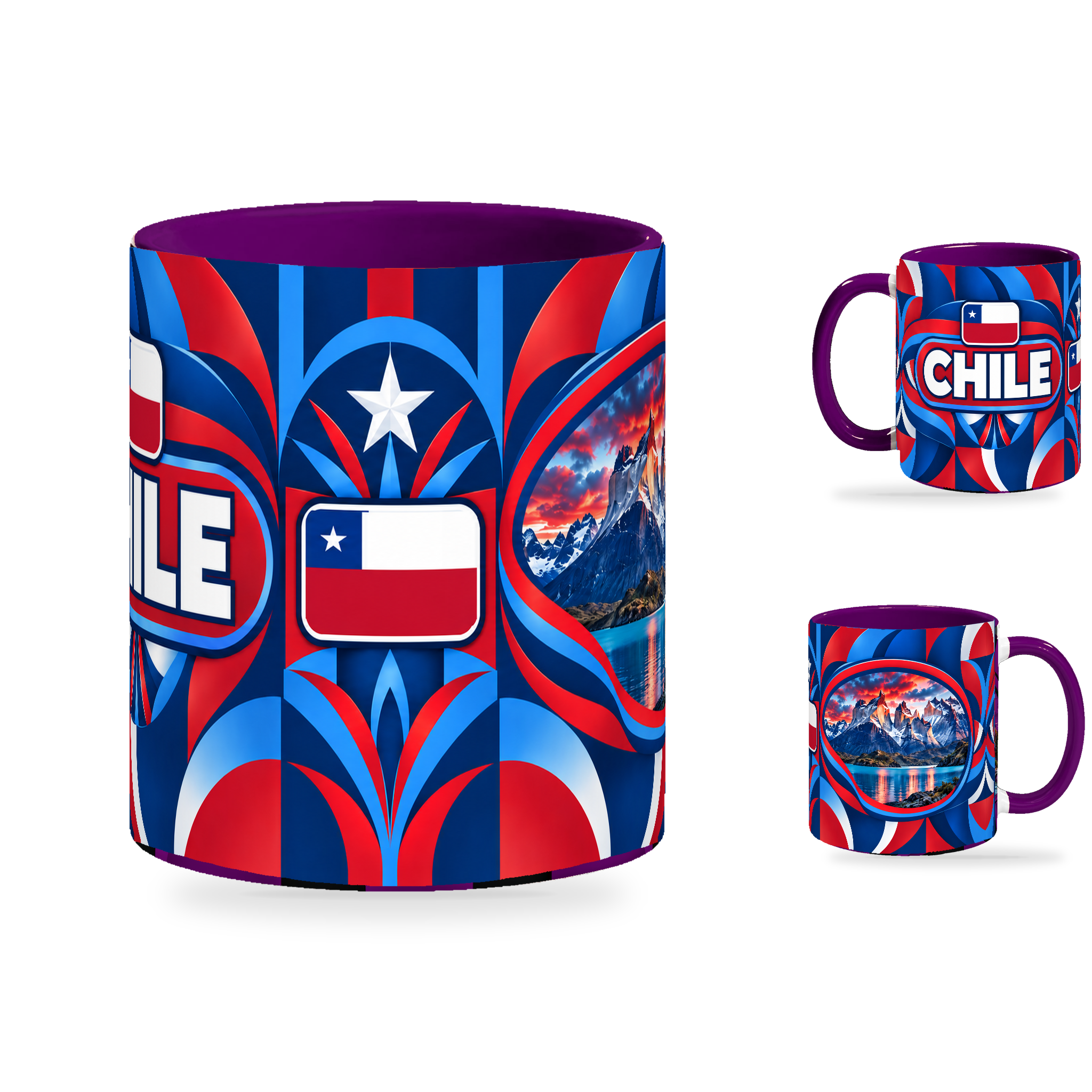 Chile Mug Purple – 320ml with purple handle, showing the centered flag view plus companion country-name and landmark views of the glossy full-wrap design by Fann Bliss.